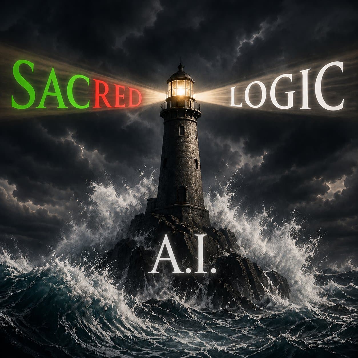 A lighthouse beaming light through a storm, with 'Sacred Logic™ A.I.' rendered in the light rays